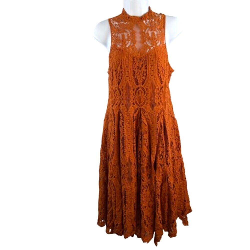 Free People Angel Rays Lace Retro Trapeze Copper Boho Midi Dress Size S